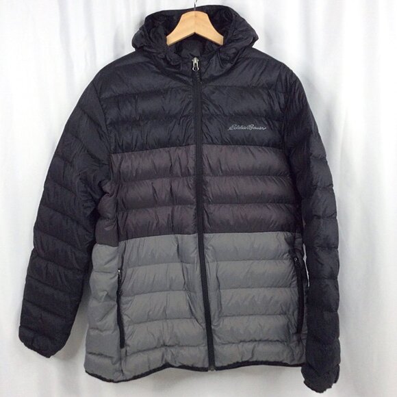 Eddie Bauer CirrusLite 650 Down Puffer Hooded Jacket Mens Size Large Black Gray
